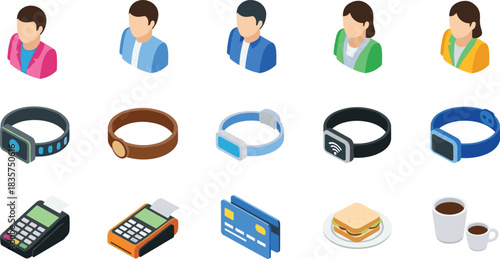 Smart Payment Technology Isometric Icons, Contactless Wristband Devices, POS Terminal Transactions, Digital Commerce and Lifestyle Vector Set