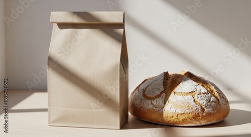Wallpaper Mural A rustic loaf of bread sits beside a brown paper bag on a table indoors. Torontodigital.ca