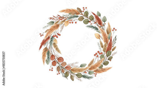 Watercolor Boho Christmas Botanical Wreath with Pampas Grass, Eucalyptus Leaves and Rustic Foliage 