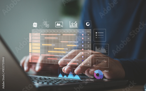Businessman using laptop with digital project management dashboard featuring timeline, AI icon, chart and progress data, symbolizing workflow optimization, analytic and modern productivity tool.