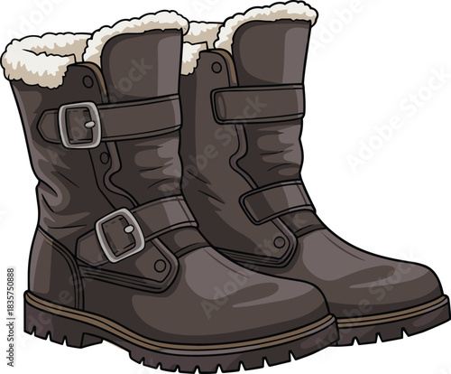 Dark brown winter boots with fur lining, rugged sole, buckle straps, cold weather footwear, CAD drawing flat vector illustration