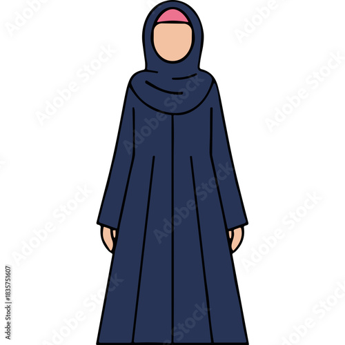 Full Body Portrait of a Person Wearing a Dark Blue Abaya and Hijab Standing Against a Plain Black Background Simple and Modest Islamic Fashion Attire Isolated Illustration