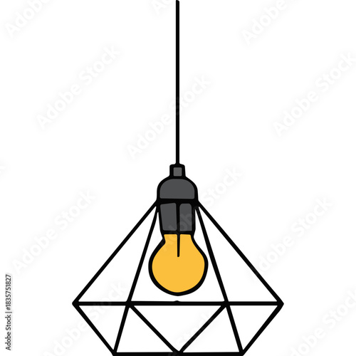 Geometric Diamond Shaped Pendant Light Fixture With A Single Yellow Incandescent Bulb Suspended By A Black Cord Against A Solid Black Background