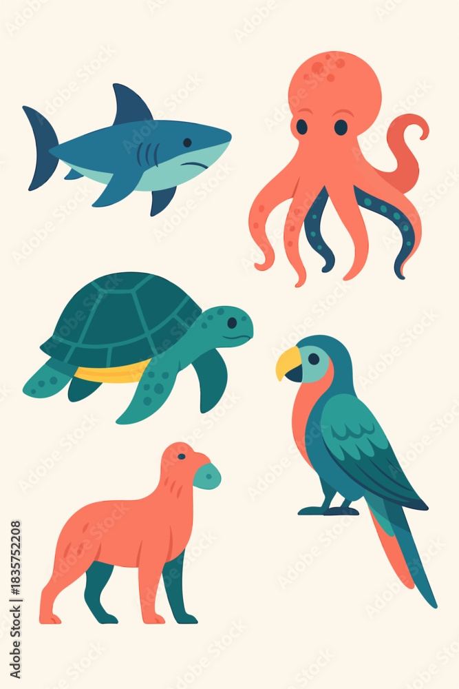 Fototapeta premium Simple Sea Animals Illustration Set with Fish Turtle Octopus and Bird