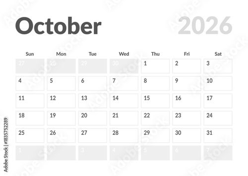 Monthly page Calendar Planner Template design of October 2026. Vector layout of calendar with week start Sunday for Scheduling. Page for size A4 or 21x29.7 cm