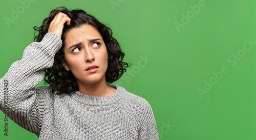 Young thoughtful woman with dark curly hair scratching her head, looking up with a confused or puzzled expression on a green background