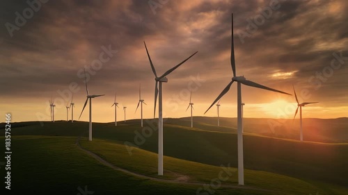 Modern Wind Farm at Sunset With Colorful Clouds and Dramatic Lighting