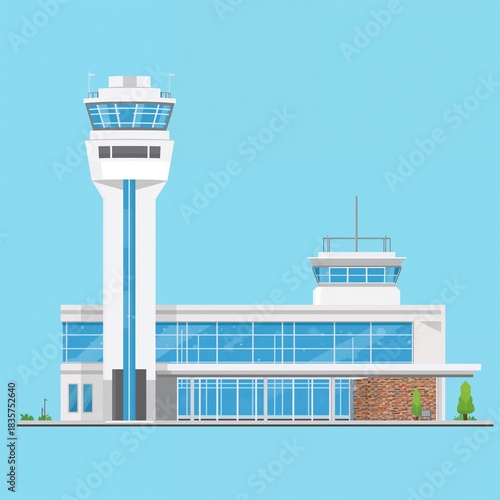 Modern airport control tower and terminal building illustration