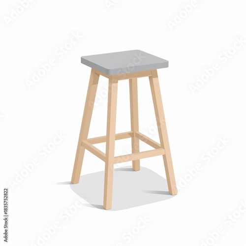 Modern wooden bar stool with gray square seat isolated on white.