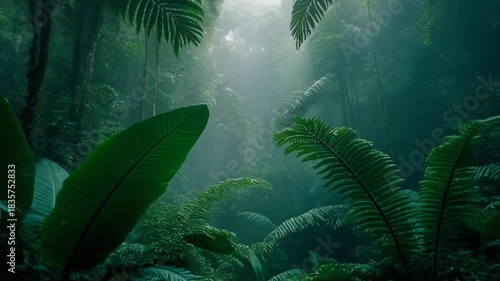 Explore the View of a Rainforest Canopy Shrouded in Mist With Large Ferns and Tall Trees Reaching Towards the Sky