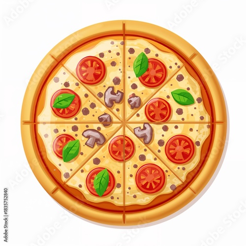 Delicious cartoon pizza with mushrooms, tomatoes, and basil leaves