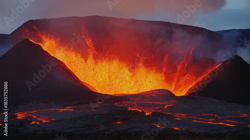 Close up View of a Glowing Orange Volcano Crater at Twilight With Active Lava Flow and Volcanic Activity