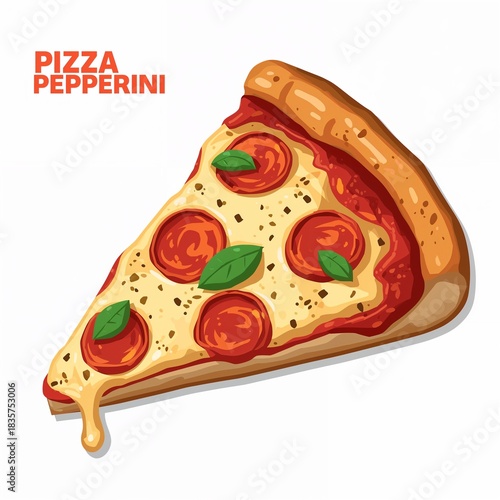 Illustrative slice of pepperoni pizza with fresh basil leaves