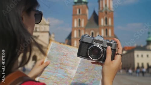 Tourist Explores City While Looking at Map and Holding a Camera in Front of Historical Buildings