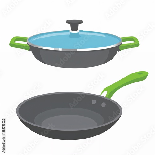 Cooking pot with lid and frying pan vector illustration graphic