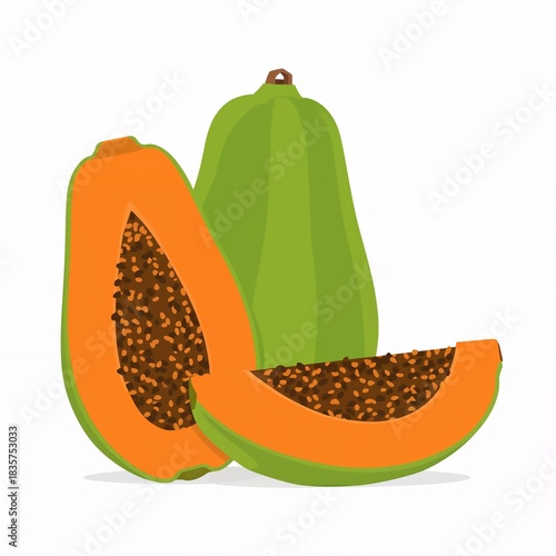 Fresh ripe and unripe whole papaya and cut fruit illustration