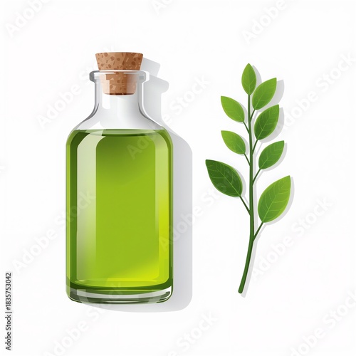 Bottle of natural green oil with cork and fresh organic leaves