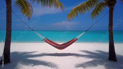 Bright Hammock Between Palm Trees on a White Sand Beach With Clear Blue Water and Sky