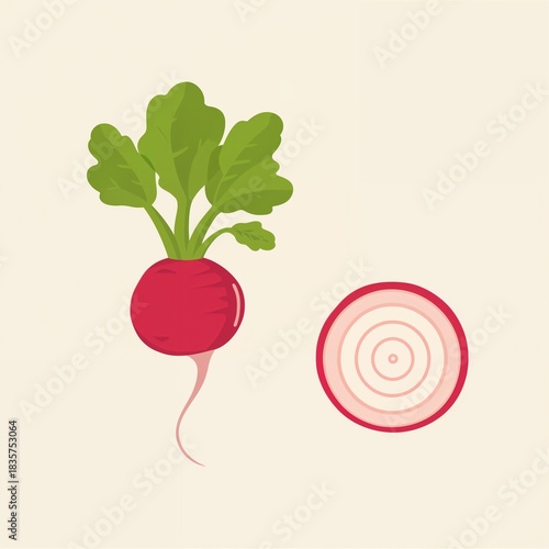 Whole fresh red radish with green leaves and a sliced section