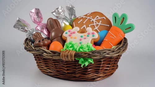 Charming Antique Wicker Basket Filled With Colorful Candy and Cookies During a Festive Celebration