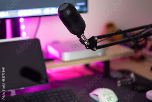 Close-Up of a Streamer Microphone in a Gaming Room