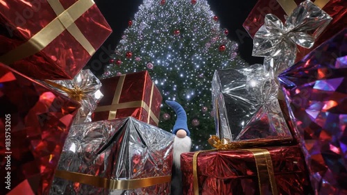 View From Ground Level Shows Giant Christmas Tree Covered in Lights With Colorful Gifts in the Foreground During a Holiday Celebration