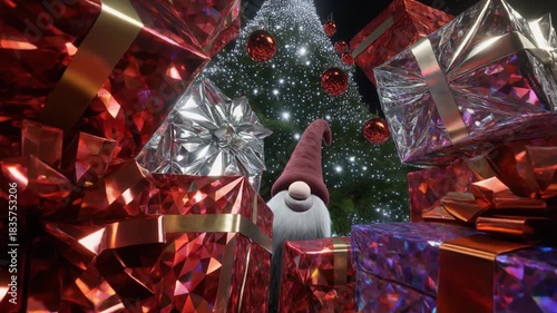 Sparkling View of Gifts and a Large Holiday Tree From Ground Level With Ornaments