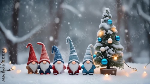 Gnome Gathering in the Snowy Winter Outdoors With a Small Christmas Tree and Lights