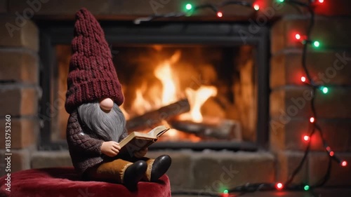 Charming Christmas Gnome Reading by the Fire in a Cozy Indoor Setting With Warm Lights