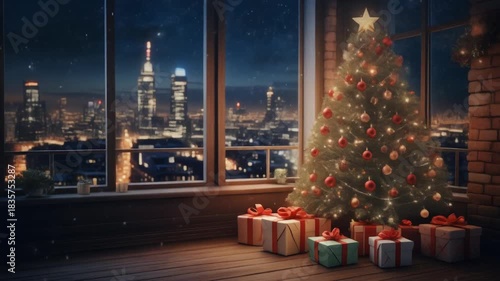 Cozy Christmas With Decorated Tree and Wrapped Gifts in a City View at Night