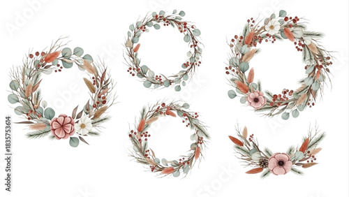 Watercolor Winter Floral Wreath Set with Eucalyptus, Berries, Pine Branches and Rustic Botanical Elements