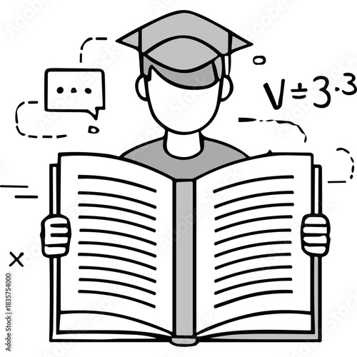 Graduation Cap Graduate Student Reading Open Book With Mathematical Equations And Symbols On Black Background Representing Education Learning Study And Knowledge