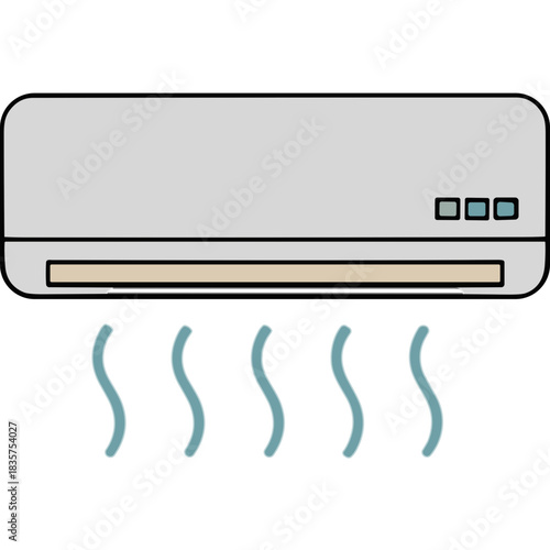 Gray Air Conditioner Unit Cooling Air with Blue Wavy Lines Indicating Fresh Air Flow on a Black Background