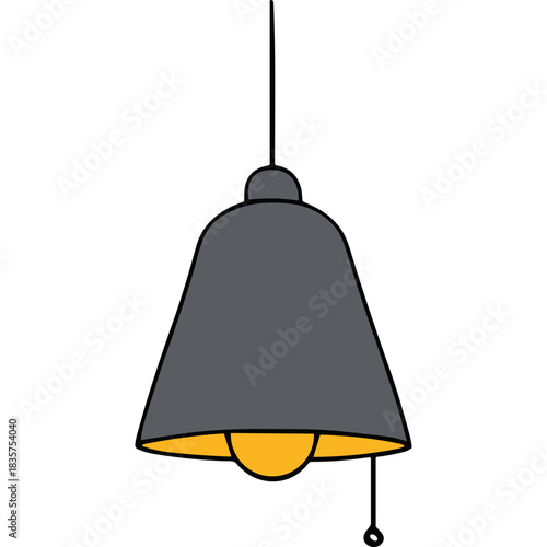 Gray Bell Shaped Pendant Light Fixture With Orange Glow Bulb Suspended By Black Cord Against Black Background With White Pull Chain