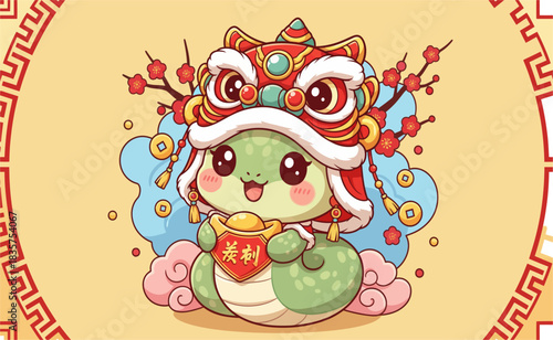 Cute snake wearing lion dance headpiece holding gold ingot celebrates chinese new year with festive decorations and cheerful expression.