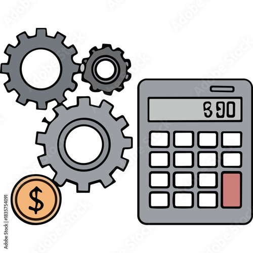 Gray Gears and Calculator with Dollar Coin Representing Financial Calculation and Business Strategy on Black Background With Soft Lighting