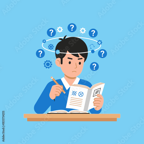 Boy studying with questions swirling around his head, looking confused.