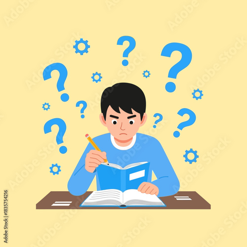 Confused Student Studying with Questions and Gears Around Head.