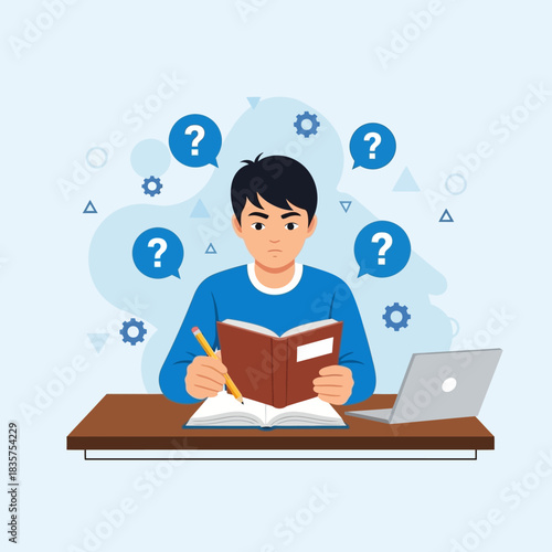 Student Studying with Questions - A Focused Academic Illustration.