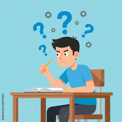 Student Deep in Thought with Question Marks Above Head.