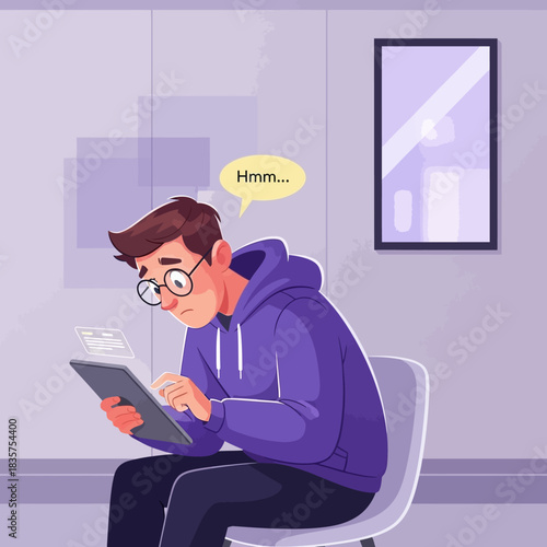 Man in Hoodie Contemplating Tablet Content with Thought Bubble.