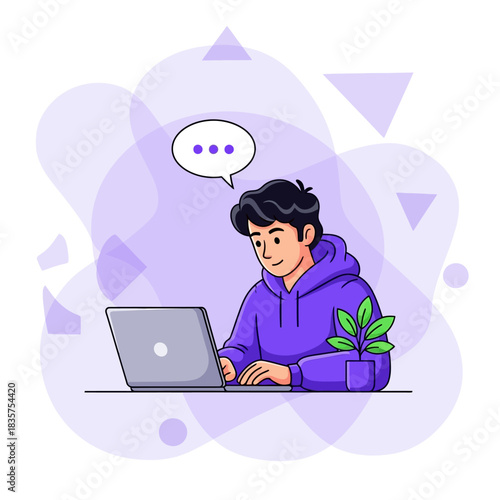 Man working on laptop with thoughtful expression in a modern workspace.