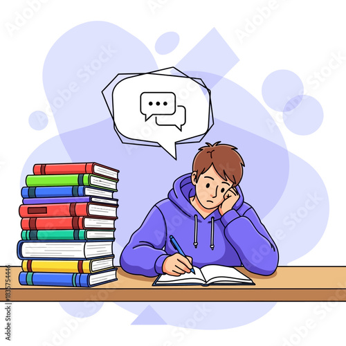 Student studying with books, looking stressed and thinking about communication.