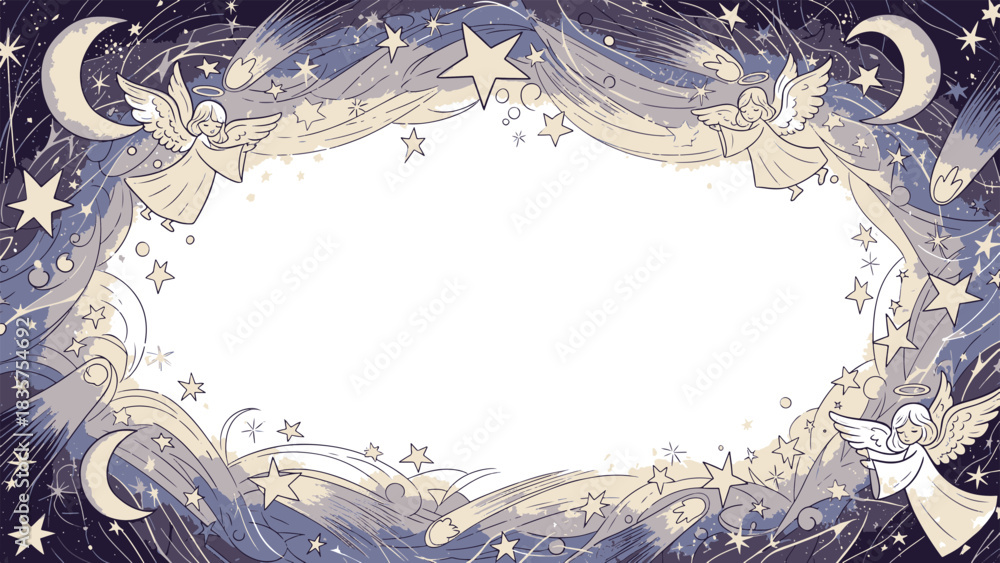 Fototapeta premium Dreamy Winter Wonderland Christmas Border adorned with Flying Angels and Shimmering Stars
