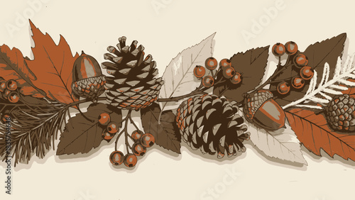 Vibrant autumn foliage and pinecones compose a beautiful festive Christmas border design element