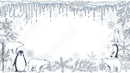 Charming Winter Wonderland Christmas Border with Arctic Animals, Snowflakes, and Icy Icicles Decoration