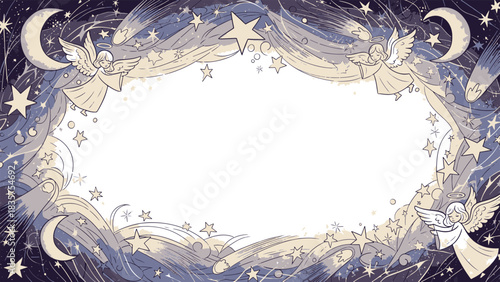 Dreamy Winter Wonderland Christmas Border adorned with Flying Angels and Shimmering Stars