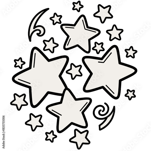 Stars on a transparent background cartoony design vector graphics that showcase different shapes and sizes in a playful arrangement icon sheet set  (Cloud Dancer White Color HEX: F2EFEA) 