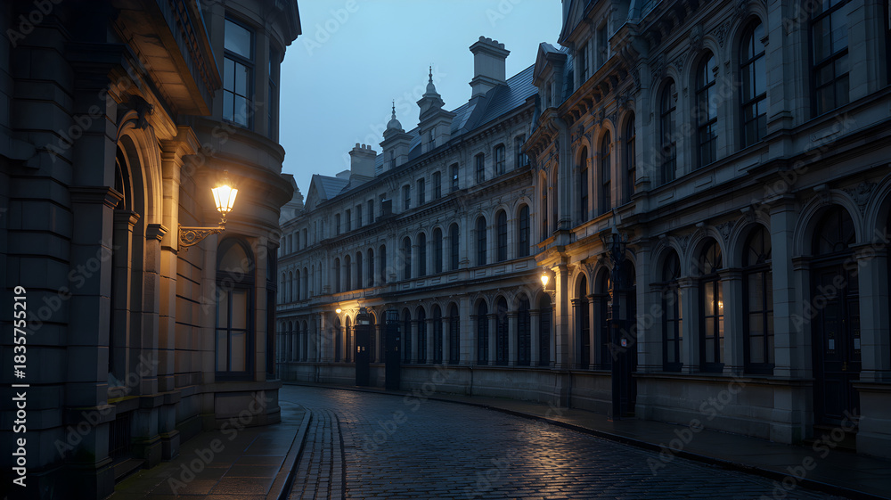 Fototapeta premium Quiet cobblestone street at night illuminated by glowing street lamps.