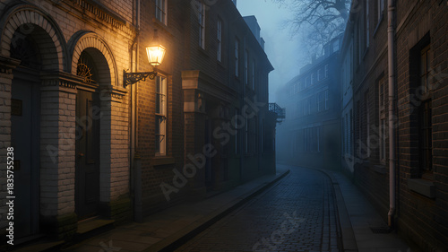 Foggy European street with brick buildings illuminated by gaslight at night.
